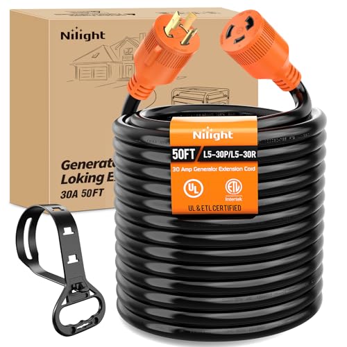 Image of Nilight 30 Amp 50FT Generator Extension Cord 3 Prong RV Power Cords with Twist Lock Waterproof NEMA L5-30P L5-30R Cable Heavy Duty 10AWG ETL Listed for RV Marine Boat Generators Outdoor Use