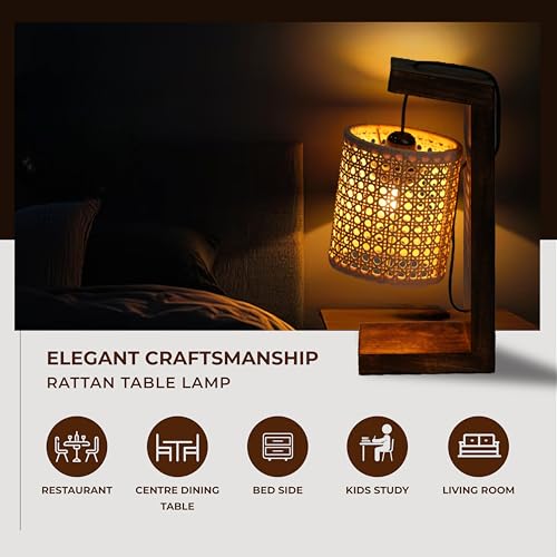 Image of Ikari Homes Vintage Table Lamp I Indonesian Rattan Cane with Braided Wire I Boho Table lamp for Bedroom /Living Room /Office Desk /Restaurants - (Rattan Hex Shade)