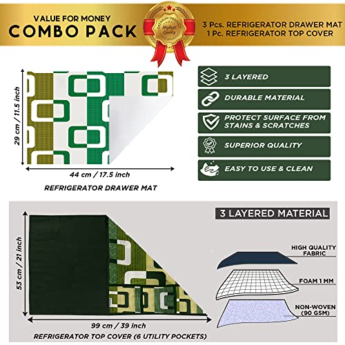 Image of Polyester 3-Layered Fridge Top Cover /Refrigerator Cover with Utility Pockets and Set of 3 Pc Fridge Mats (Color-Green, Size-39x21 Inches)