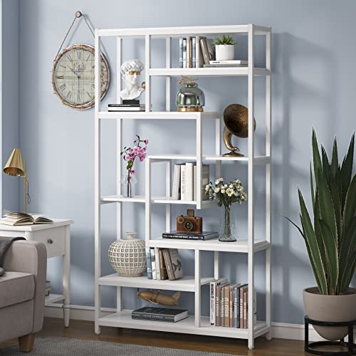 Tribesigns 8-Shelves Staggered Bookshelf, Rustic Industrial Etagere Bookcase For Office, Vintage Book Shelves Display Shelf Organizer For Home Garden (White) #TOP9