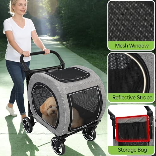 Image of Saudism Pet Stroller for Dogs Cats up to 50 lbs, Foldable Dog Stroller with 360 Swivel Wheels, Detachable Carrier, Adjustable Handle, Travel Dog Stroller for Small Medium Large Pets, Gray