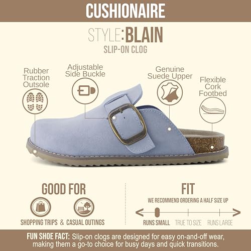 Image of CUSHIONAIRE Women's Blain Genuine Suede Slip-On Clogs with + Memory Foam & Chic Buckle Mule - Comfortable, Non-Slip, Wide Widths Available