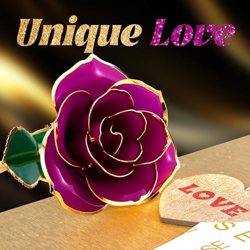 Image of Mikasol Gold Dipped 24K Forever Preserved Rose, 1 Pack Infinity Flower Decor Hand Dipped Romantic Gift for Women in Her Wife Girlfriend Birthday Anniversary Valentines Mothers Day Christmas(Purple)