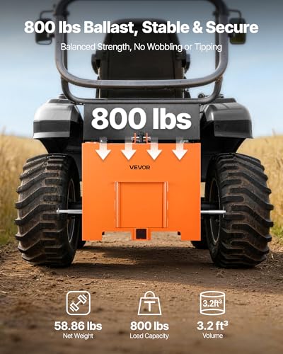 Image of VEVOR Ballast Box, 3-Point Category 1 Tractor Ballast of 800 lbs Capacity, Standard 2 Inch Hitch Receiver, Heavy-Duty Steel 3.2 ft Large Volume Durable Loader Attachment with Sliding Door, Orange
