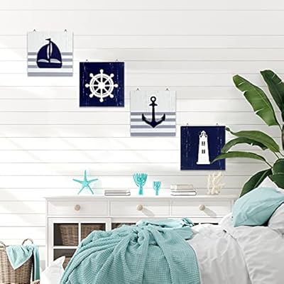 4 Pieces Nautical Wall Decor Anchor Ship Wheel Sailboat Lighthouse Wooden Sign Rustic Beach 3D Wood Print Sign Beach… 51bpwH25JsS. SS400