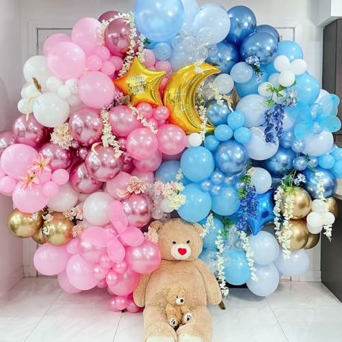 Image of Pink and Blue Balloons, 60 Pcs 12 Inch Pastel Confetti Blue Pink and Metallic Balloon for Kids Girls Birthday, Gender Reveal Supplies, Baby Shower