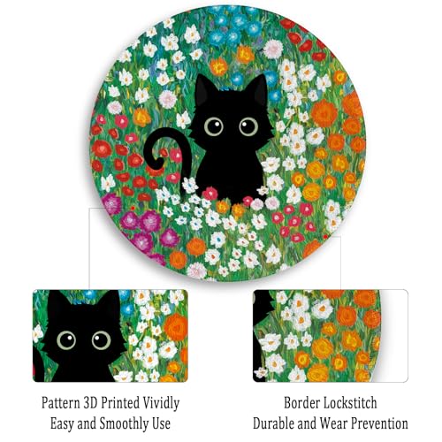 Image of Gctriki Anime Black Cat Mouse Pad 8.6 x 8.6 Inch, Funny Round Mousepad for Gaming Laptop Computer, with Stitched Edge Non-Slip Rubber Base, Cute Cat Flower Home Office Decor Desk Accessories