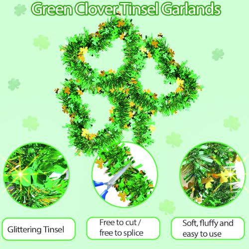 Image of 66 Ft St.Patrick's Day Tinsel Garland 2Pcs Green with Shamrock Saint Patricks Day Decorations for Saint Patrick's Day Party Decor Shiny Hanging Clover Green Tinsel Garland