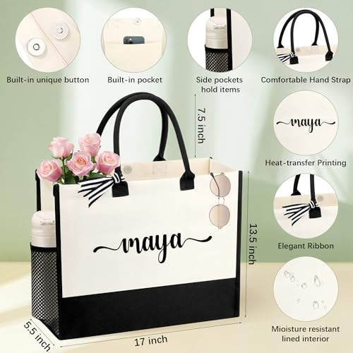 Image of Personalized Name Tote Bag for Women, Birthday Best Friend Bridesmaid Gifts for Women Canvas Initial Tote Bags