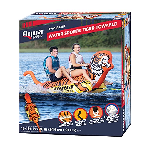 Aqua Pro Giant Towable Tiger Tube, 1-2 Riders, Double-Pontoon Inflatable Tiger Boat Tube, Orange/Yellow