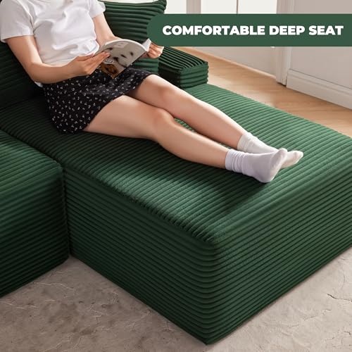 Image of Mangodan Cloud Sectional Sofa, Boneless Couch for Living Room, Modular Sectional Sofa with Deep Seat, Fluffy L-Shaped Comfy Couch with Right-Facing Chaise, No Assembly Required, Green