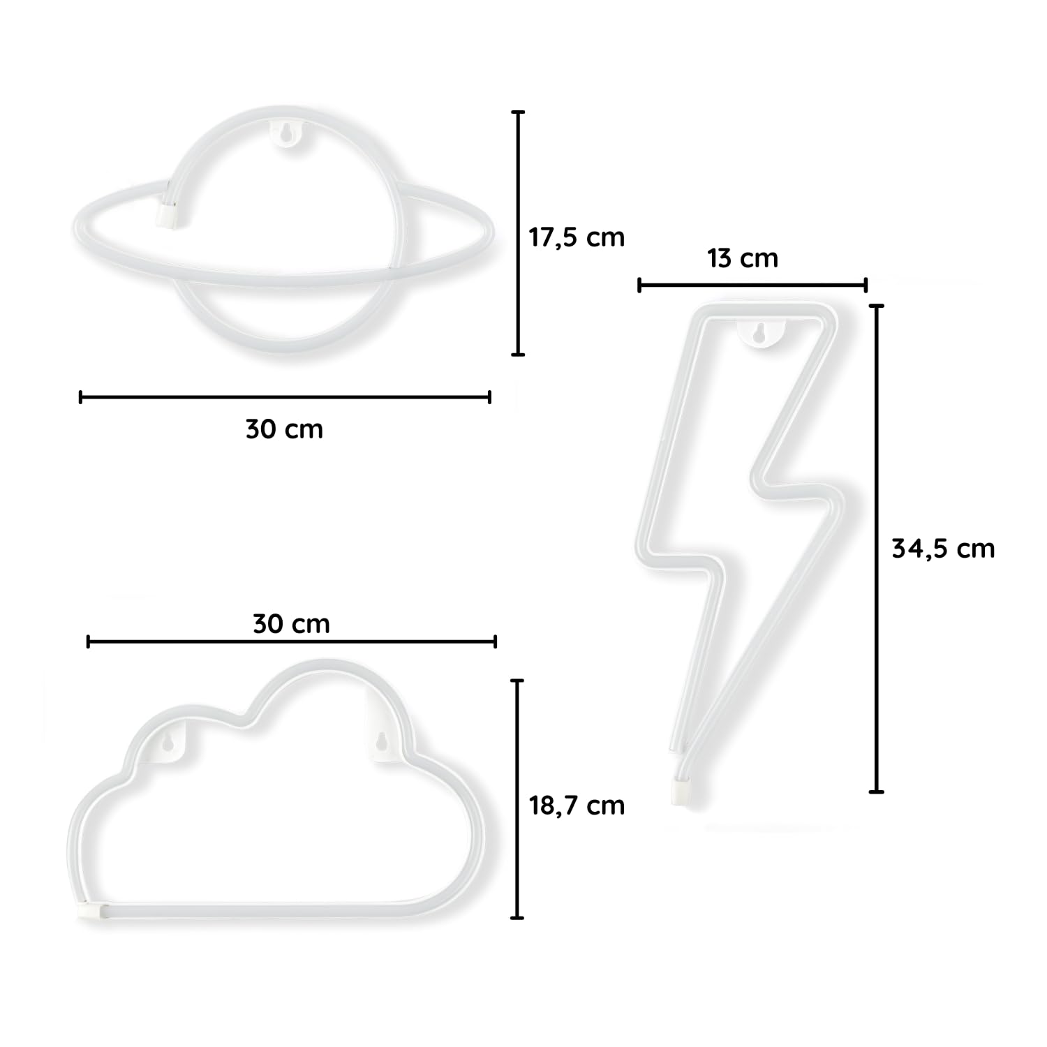 Pack de 3 Éclair, Planète et Nuage - Néon LED Mural, Lampe Neon Gaming Chambre Decoration, Enseigne Lumineuse Setup Gamer. Connexion batterie ou USB.