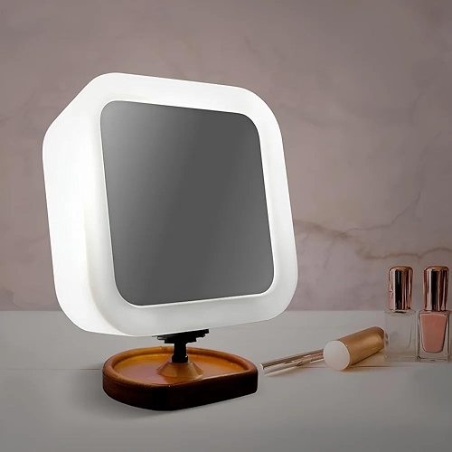 Espelho de Maquiagem Iluminado Profissional LED - Articulado, com Aumento 5x e Base de Madeira Premium