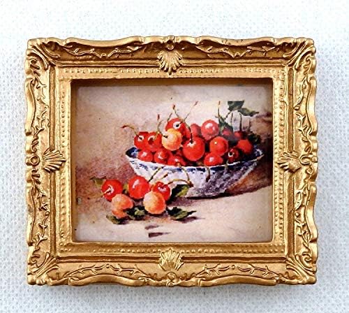 Melody Jane Dolls Houses House Miniature Accessory Bowl of Cherries Picture Painting in Gold Frame image 2