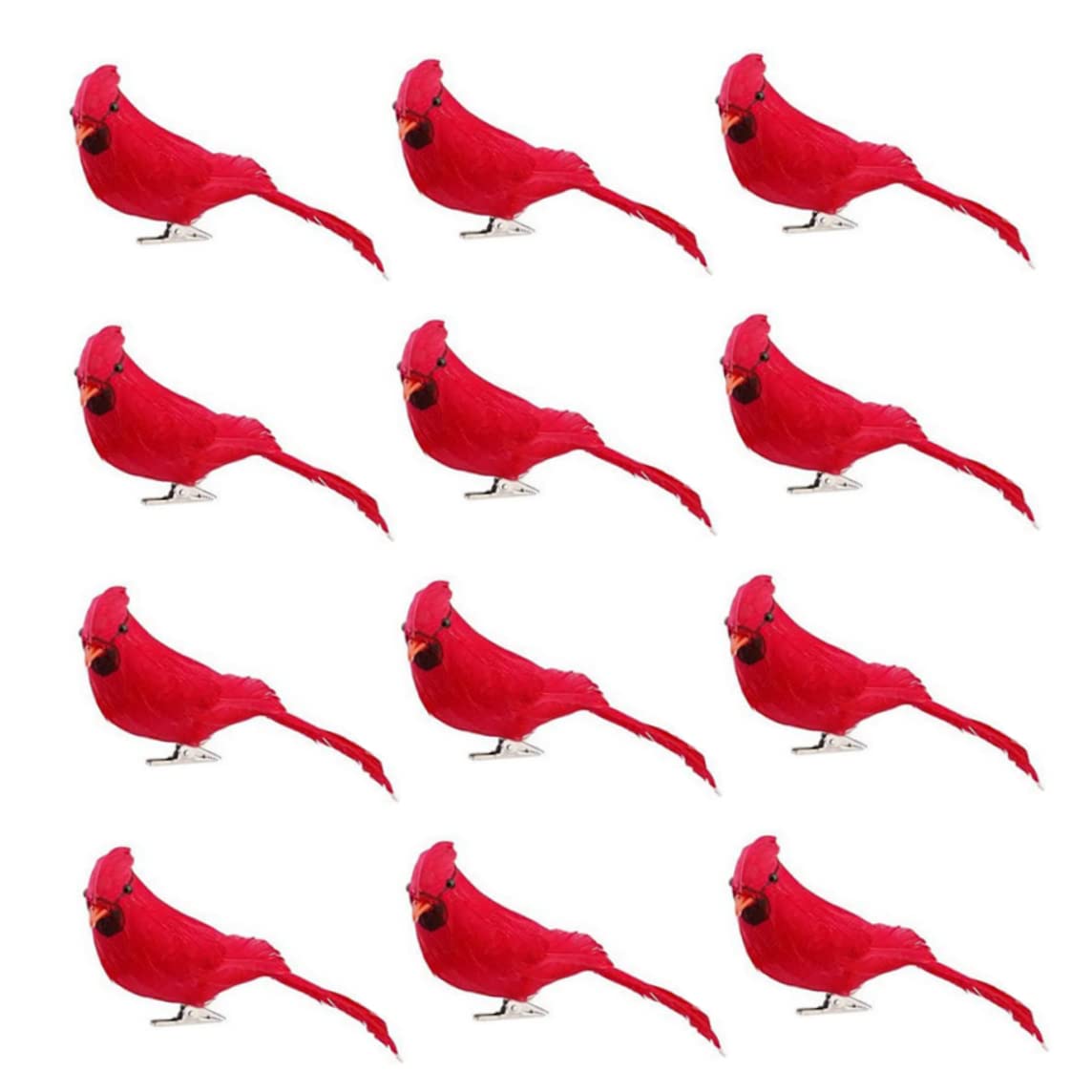 Oiseaux cardinaux artificiels avec clip et plumes pour sapin de Noël, lot de 12