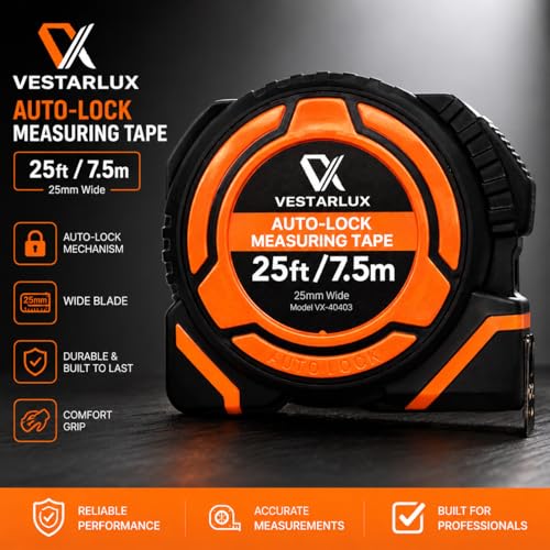 AutoLock Bande de mesure de poids lourd auto-décollant bande de mesure avec crochet multi-correspondance, 1-Inch Lame large double échelle Impériale & Outil rétractable métrique durable pour la construction & DIY (7,5m/25ft)