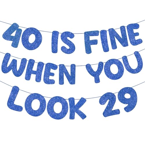 Image of Fulmoon Pre Strung 40 Is Fine When You Look 29 Banner Glitter Happy 40th Birthday Banner Funny 40th Birthday Sign 1985 Party Decorations for Men Women(Dark Blue)