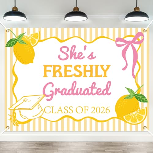 Shes Freshly Graduated Banner Backdrop 2026 Lemon Theme Graduation Sign Lemon Yellow Bow Garland for Farewell Party Going Away Party Decorations Graduation Wall Hanging Supplies