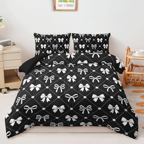Image of AILONEN Charcoal Bowtie Comforter Full 3 Piece Chic Tape Bedspread Ultra Soft Padded Shell Teens Cool Room Decoration Fashionable Geometric Quilt 2 Shams
