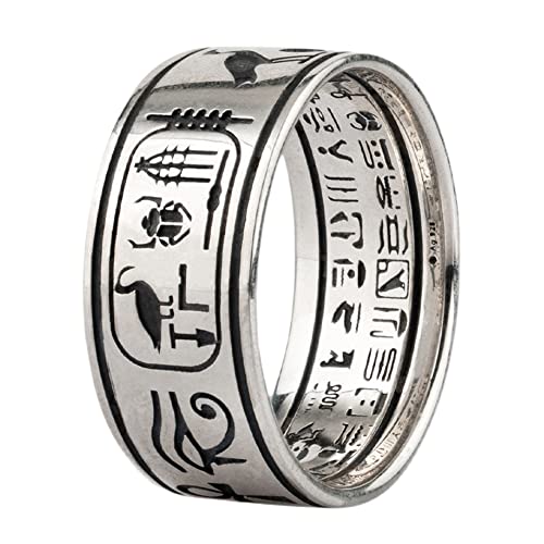Bague égyptienne en argent sterling 925 massif gravé croix Ankh Anubis Horus Scarabée Pharaon...
