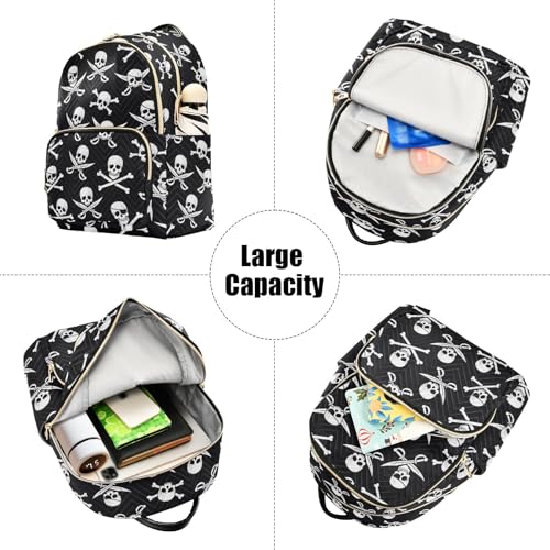 Image of Pirate Skull Quilted Backpack Purse for Women Fashion Small Backpack M | Shoulder Bag Travel Casual Daypack