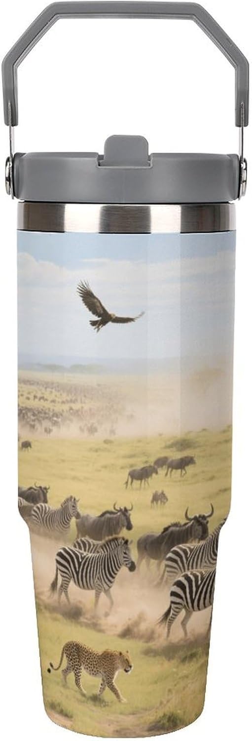 30 Oz Insulated Mug with Handle Lid And Straw Grassland Animal Migration Pattern Large Metal Sports Bottle Great for Gifts Parties Office Coffee