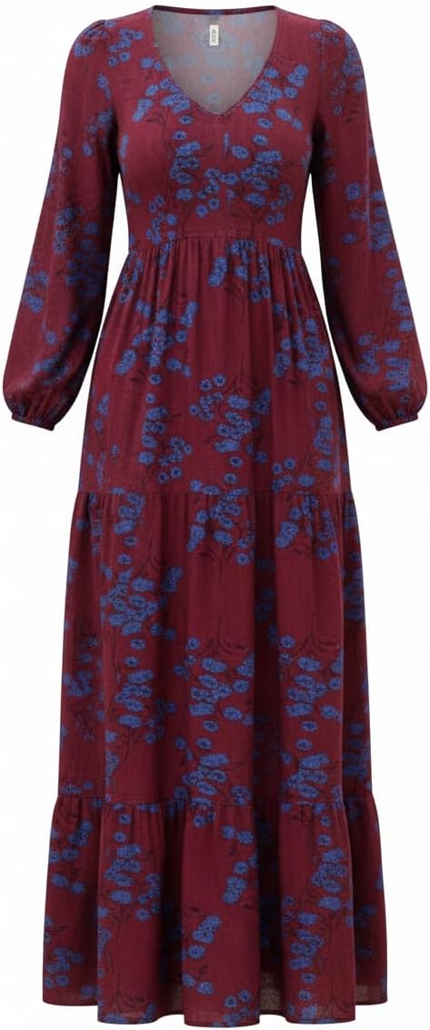 Womens Boho Floral Maxi Dress Long Sleeve V Neck Empire Waist Tiered Long Dresses Spring Wedding Guest Dress - Image 6