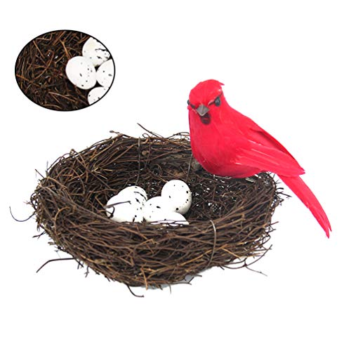 Image of VALICLUD Hand-Woven Rattan Bird Nest Set with Realistic Foam Decorative Bird Model Ornament for Home Office Party and Easter Decor 1.95 X 4.68 X 1.95 Inches