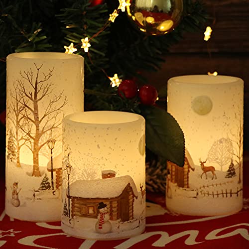 Image of Eldnacele Snowman Christmas Deco Flameless Flickering Candles with Automatical Daily Cycle Timer, White Battery-Operated LED Pillar Candles Snowman Decals 3 Pack (D3 inch x H 4 inch 5 inch 6 inch)