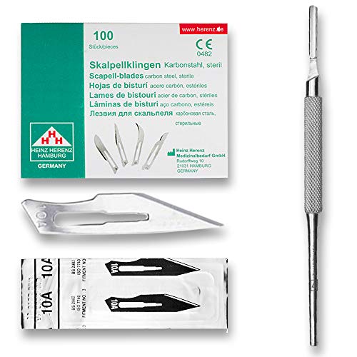 Set avec 100 x lames de scalpel N° 10A - Lame stérile en acier au carbone et 1 x May - manche de scalpel Figure N°3 avec manche rond en acier inoxydable
