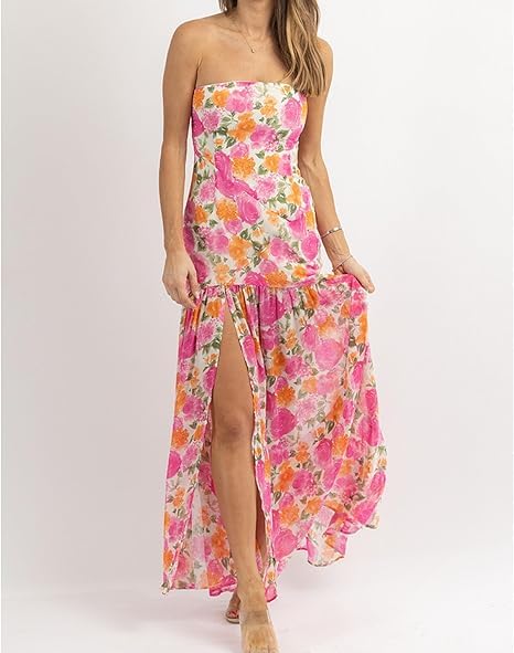 Image of Women 's Tube Top Dress Sleeveles Strapless Backless Mesh Patchwork Tropical Leopard Print High Slit Maxi Dress