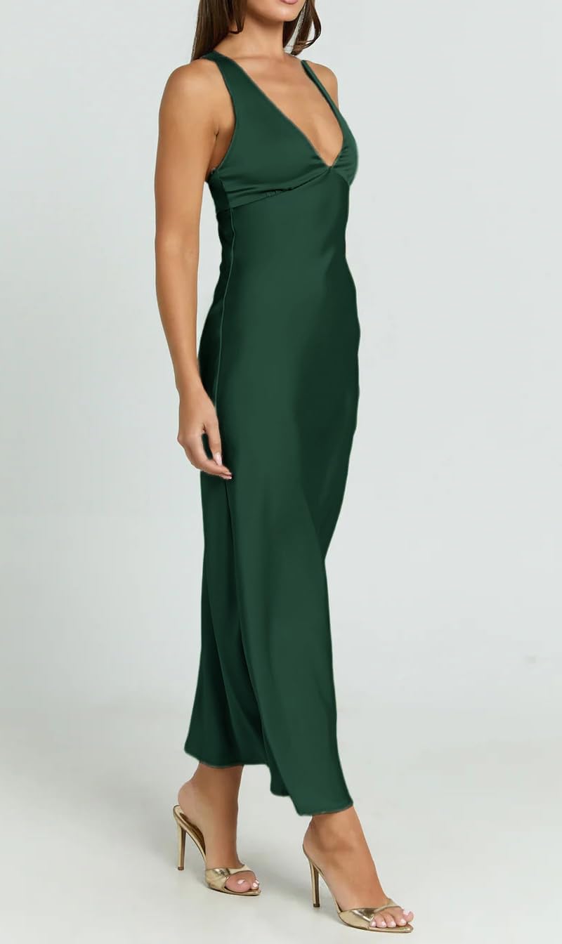 Summer Satin V Neck Backless Maxi Dresses for Women 2026 Silk Sleeveless Formal Bridesmaid Wedding Guest Dress - Image 4
