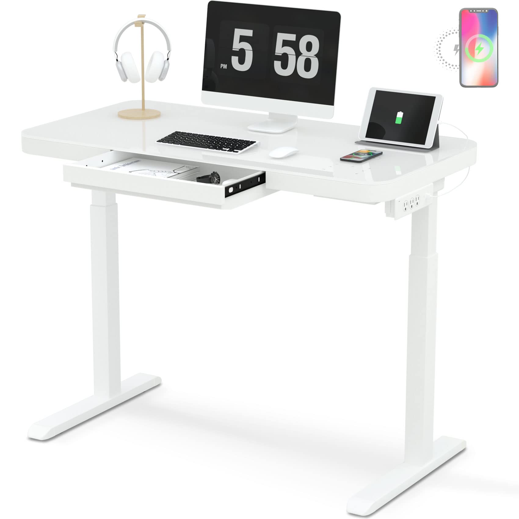 Buy HAIAOJIA Glass Electric Standing Desk with Drawer 45 x 23 Inch