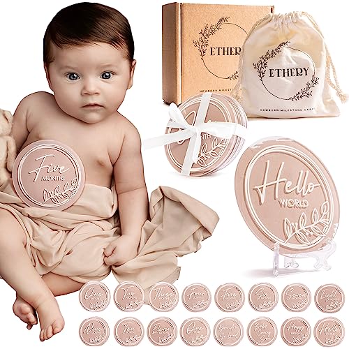 Baby Shower Gifts 16-pc Monthly Baby Milestone Cards Acrylic – Monthly Baby Bump Tracker – Pregnancy Announcement Sign & Hello World – Bonus Photo Prop Stand – Baby Gift Sets for Boys & Girls