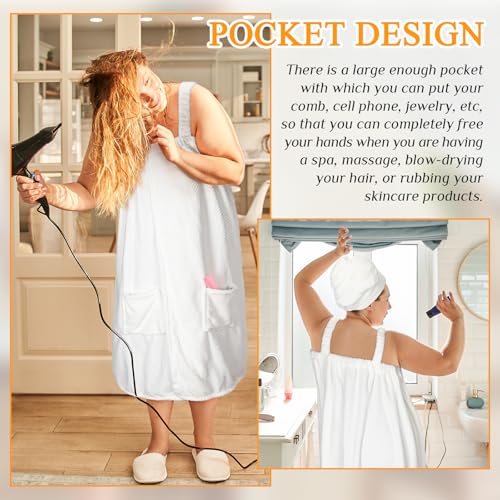 Tigeen 2 Pcs Plus Size Towel Wrap for Women Bath Wrap Towel Dress Terry Cloth Spa Robe with Straps Adjustable Closure(White,Xxl-4xl)4