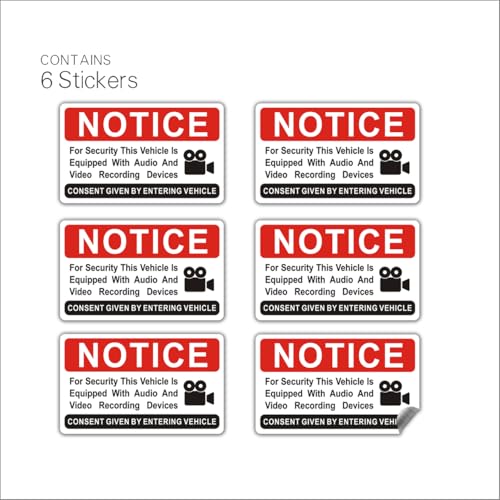Image of 6 pieces Notice Vehicle is Equipped With Audio And Video Recording Devices,In Car Camera Recording Stickers for Cars, red,3.3inx2in