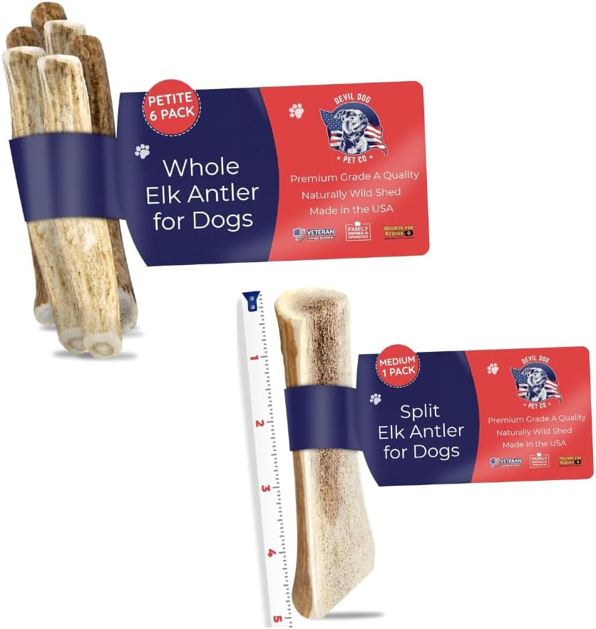 Devil Dog Pet Co (1) Whole Antler Petite 6 Pack + (1) Split Antler Medium 1 Pack | Value Pack