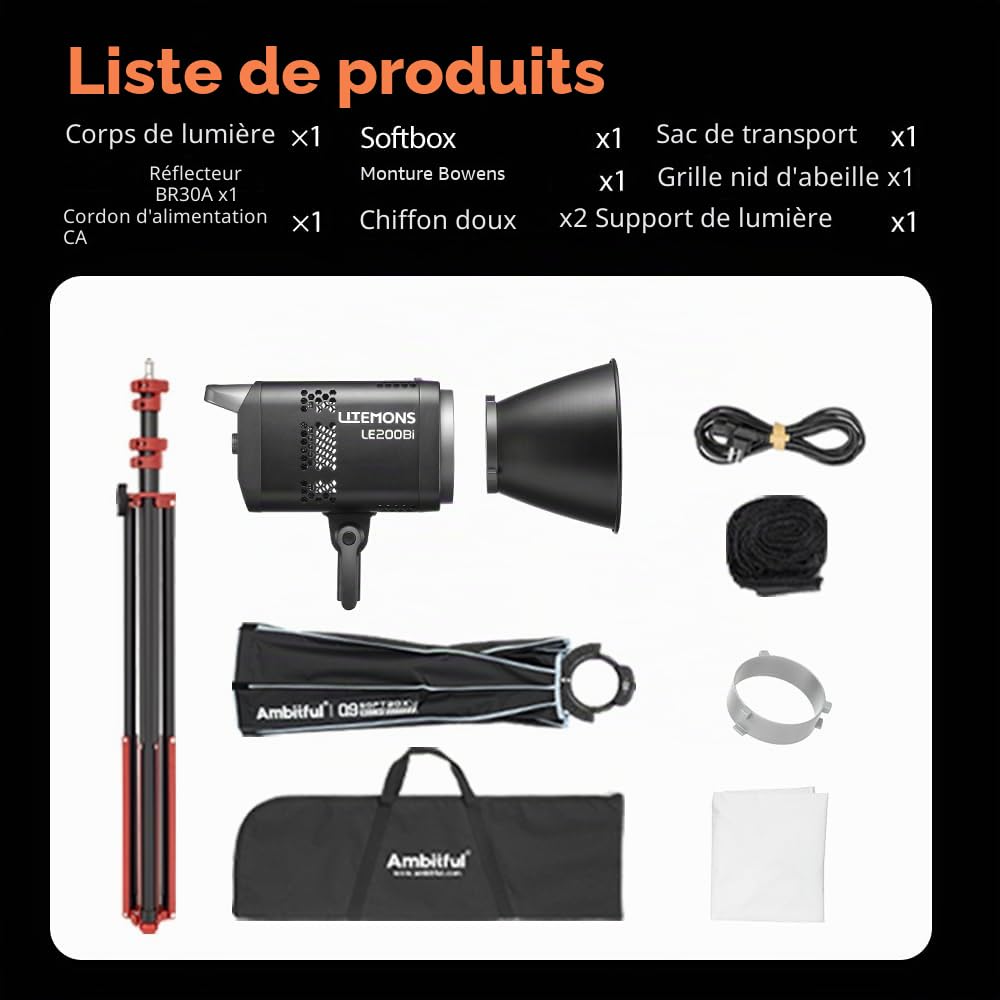 GODOX LE200Bi Kit d'éclairage vidéo LED, COB Bicolore 220 W avec 90 cm boîte à lumière, Pied de 280 cm, 2800 K-6500 K, CRI 98+, contrôle Bluetooth/DMX pour Studio, Tournage Youtube