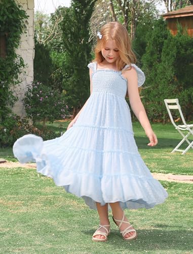 FYMNSI Toddler Girls Dress Spring Summer Flutter Sleeve Princess Smocked Swiss Dot Flowy Birthday Party Pageant Sun Dress4