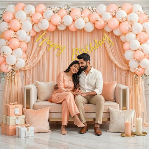 Image of Party Propz Happy Birthday Decoration Kit for Girls -46 Pcs, Birthday Decoration Items with Peach Curtains, Golden Happy Birthday Banner, Balloons for Birthday Decoration for Girls (Cardstock, Latex)