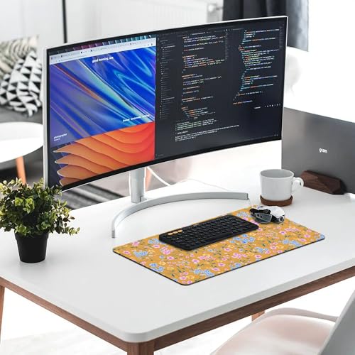 Image of Yellow Flowers Extended Gaming Mouse Pad, with Stitched Edges Large Mouse Pad Desk Protector, Rubber Base Mousepad Keyboard Mouses Mat for Work Game Office Home- 32 inch X 16 inch Inch