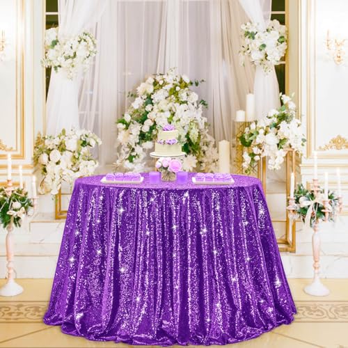 Image of B-COOL Sequin Tablecloth Round Party Decorations: Purple Table Cloth Overlay 90 Inch Sparkle Fabric for Birthday Beach Parties Halloween