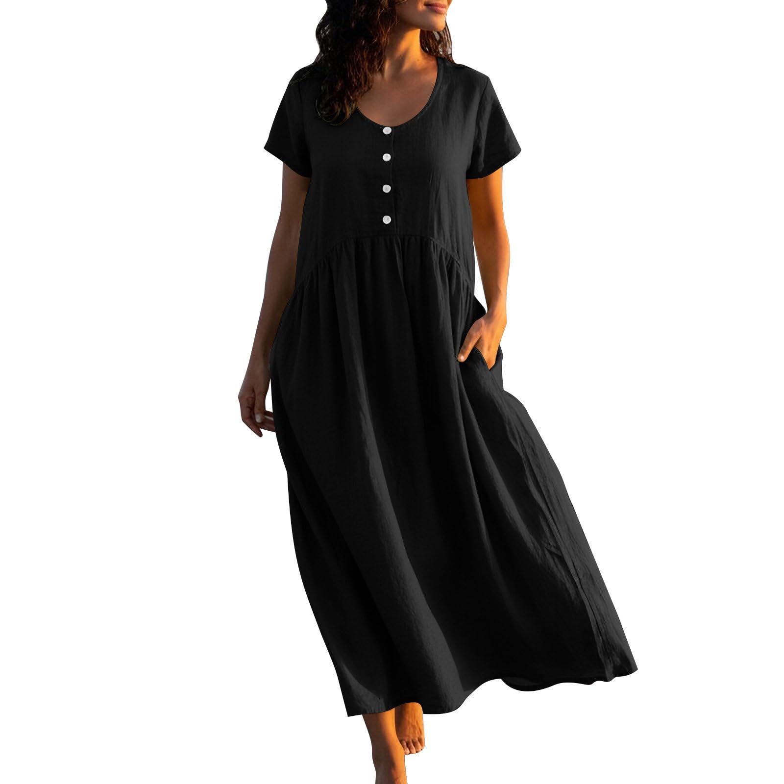 Aopir Women's A03-Black Boho Beach Cotton Linen Dress Loose Flowy Short Sleeve Midi Soft Breathable Bohemian Summer Dresses