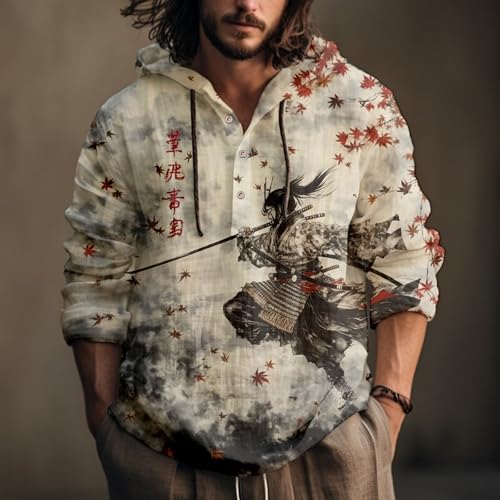 Mens Japanese Art Graphic Long Sleeve Hoodies Shirts Henley Neck Casual Button Shirts Lightweight Sweatshirts2