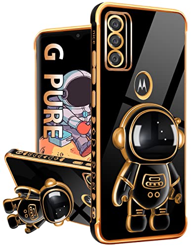 Buleens Cute Astronaut Case for Moto G Pure 2021, Lightweight TPU Cover with Hidden Kickstand, Space Design, Black