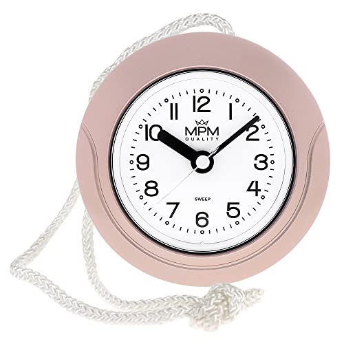 MPM Quality Design Badezimmer-Uhr aus Kunstoff, Quarz-Uhrwerk Sweep, 3-5 ATM Wasserdicht, Rosa, Ø 135 mm, geeignet auch für Außenbereich und als Badezimmeruhr, Pooluhr, Küchenuhr