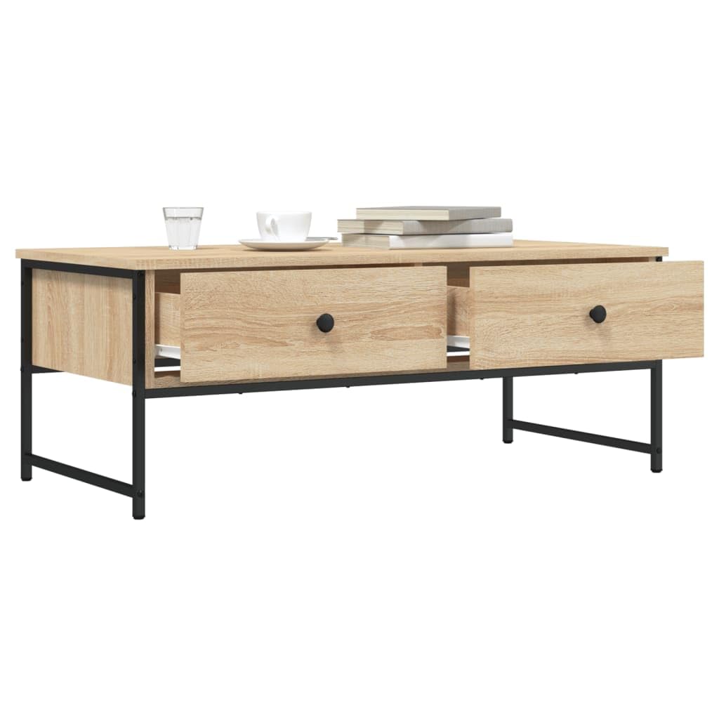 Stolik kawowy dąb Sonoma 101 x 49 x 39,5 cm, materiał drewnopochodny, metalowa rama, z 2 szufladami, stół do salonu, nowoczesne stoliki kawowe do salonu