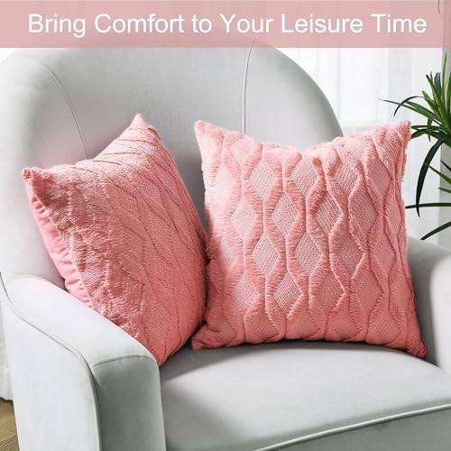 Image of Volcanics Pack of 2 Faux Wool Throw Pillow Covers 18x18 Inches Decorative Farmhouse Velvet Couch Pillow Case Soft Plush Square Boho Cushion Pillowcase, Coral Red
