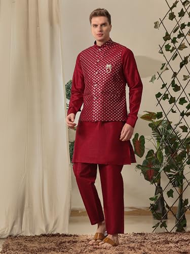 Mens Indian Traditional Silk Kurta Set With Jacket For Men Floral Design (C-114)2
