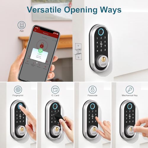 Image of Smart Keyless Entry Door Lock - SMONET Fingerprint Electronic Deadbolt Touchscreen Keypad Biometric Digital Bluetooth Door Lock Smart Deadbolt Compatible with Alexa for Homes and Hotel Silver
